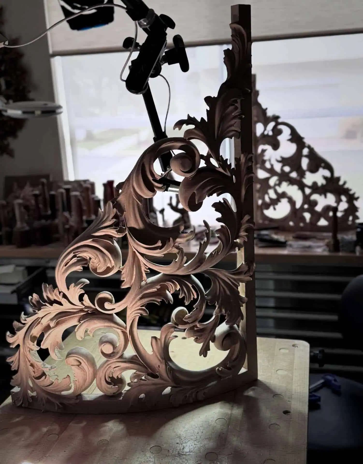 Alexander Grabovetskiy's pierced acanthus scroll carving in limewood, a commission wood carving for a pipe organ case.