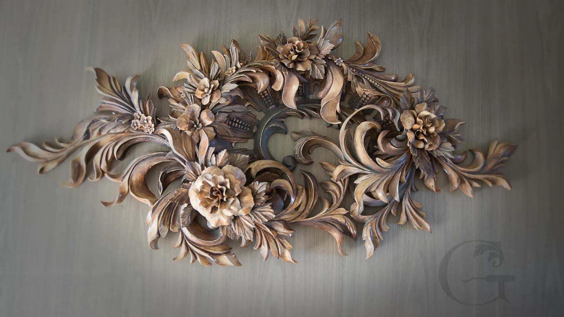 Deep-relief limewood panel with roses and acanthus scrolls, custom wood carving by Alexander Grabovetskiy.