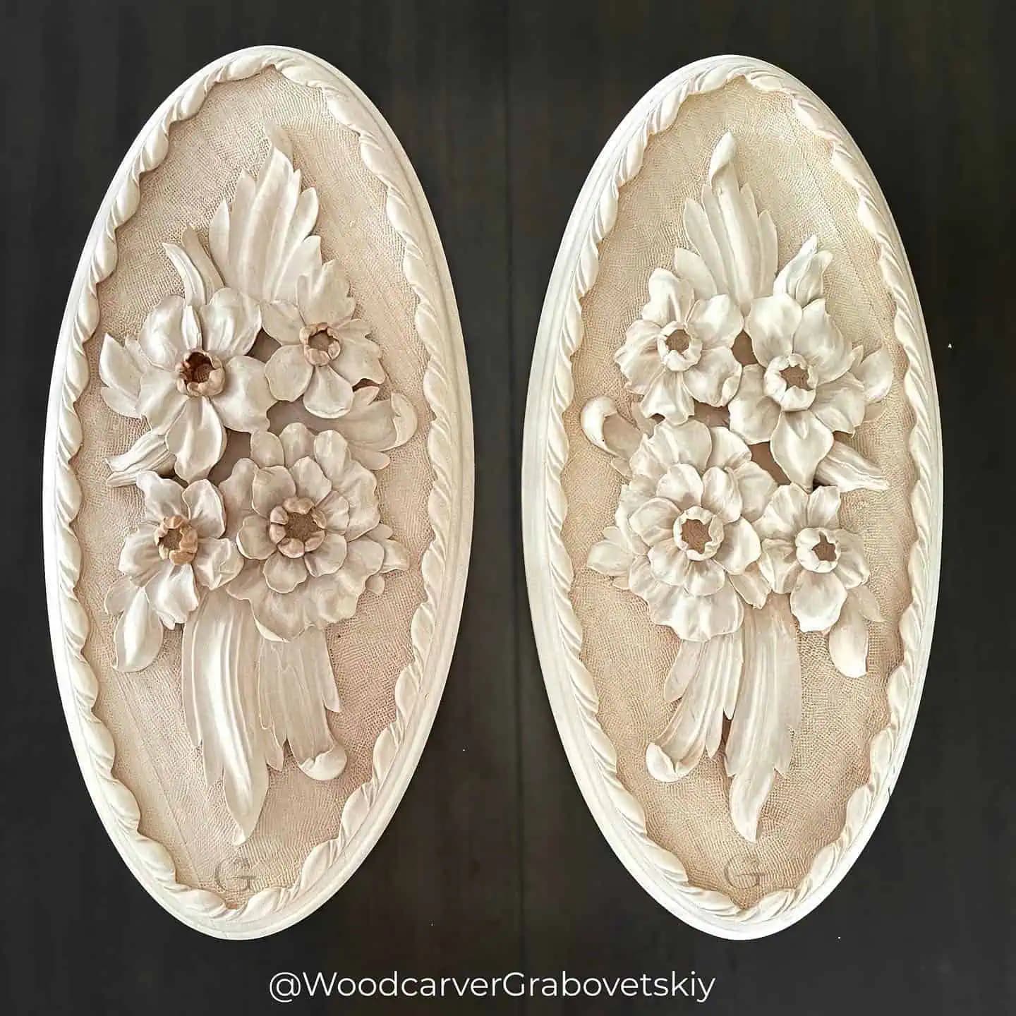 Matching oval limewood plaques with carved daffodil bouquets, custom wood carving by Alexander Grabovetskiy.
