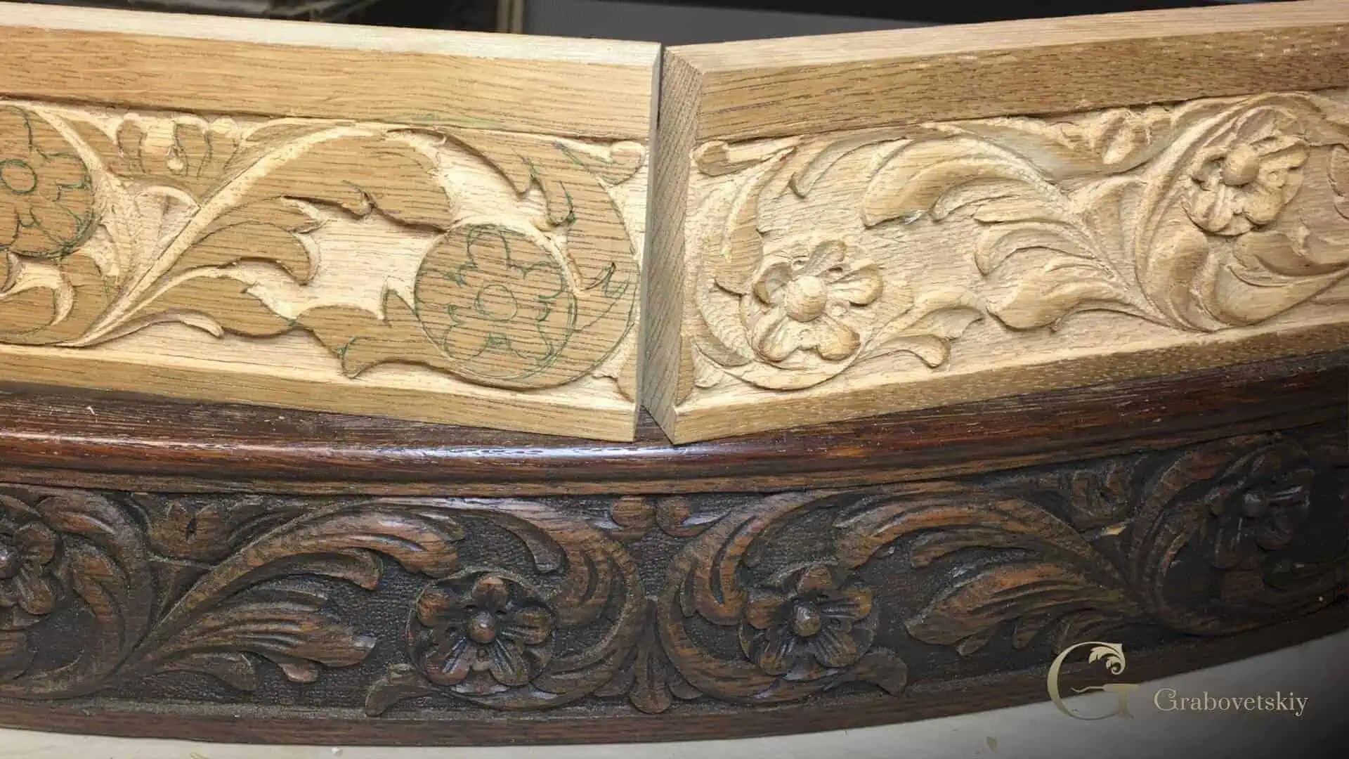 Curved oak frieze with floral and acanthus relief, hand-carved by Alexander Grabovetskiy as custom wood carving.