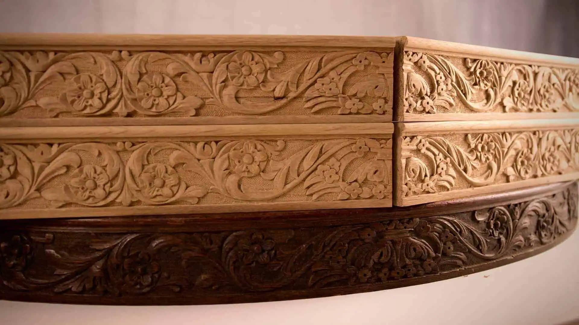 Oak frieze molding with floral and foliate scrollwork, a custom wood carving by Alexander Grabovetskiy.