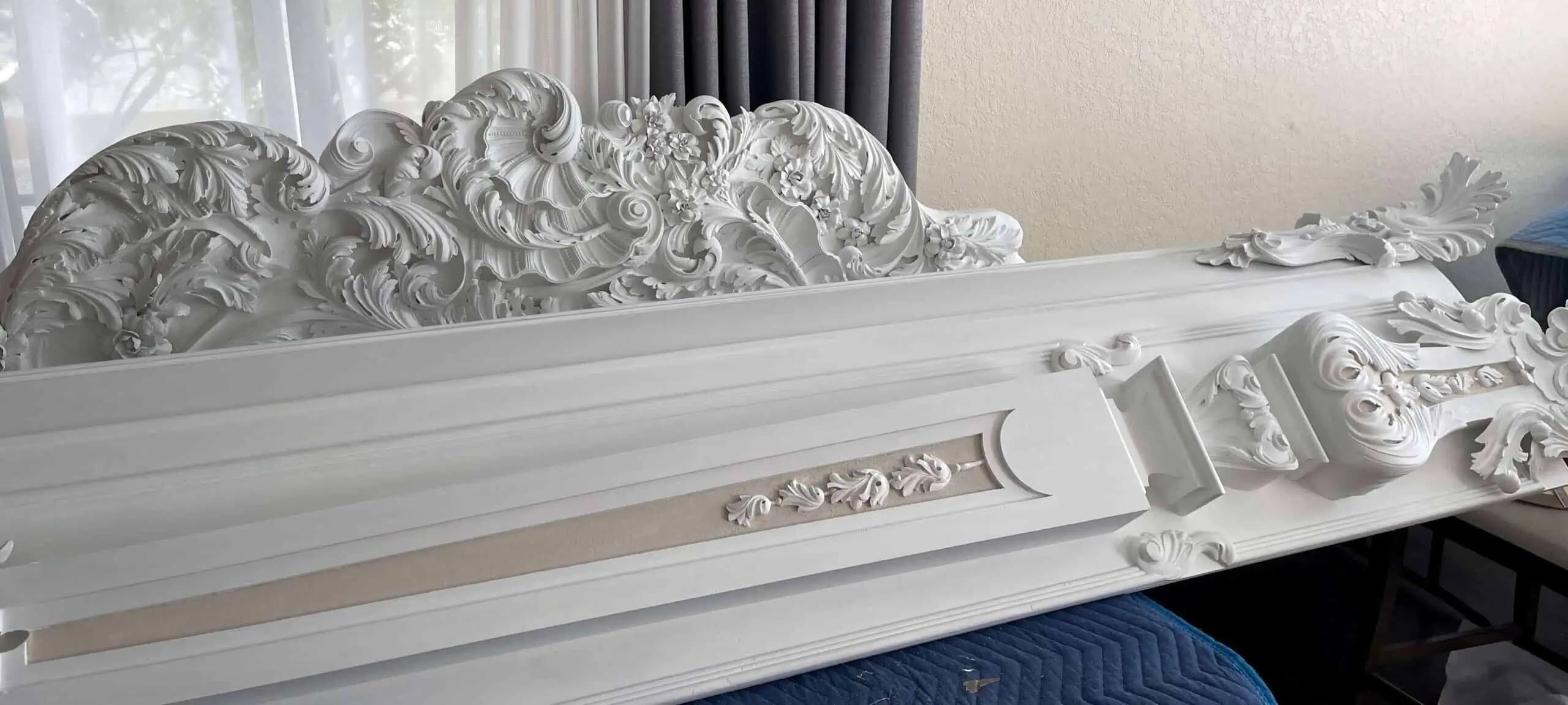 White-painted Baroque cornice crest with acanthus scrolls and flowers, custom wood carving by Alexander Grabovetskiy.