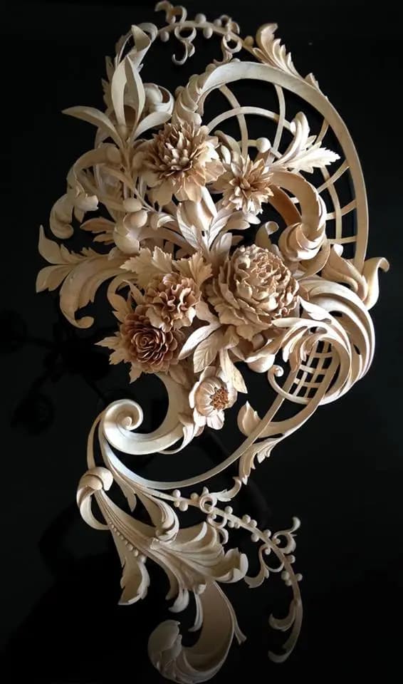 Pierced limewood floral panel with chrysanthemums and acanthus scrolls, custom wood carving by Alexander Grabovetskiy.