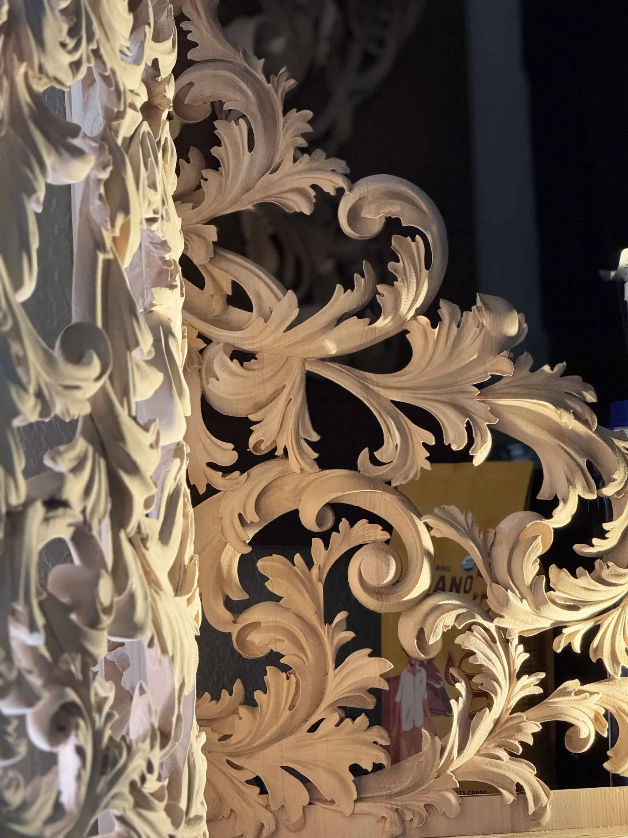 Limewood pipe organ shade with deep acanthus scrollwork, custom wood carving by Alexander Grabovetskiy.