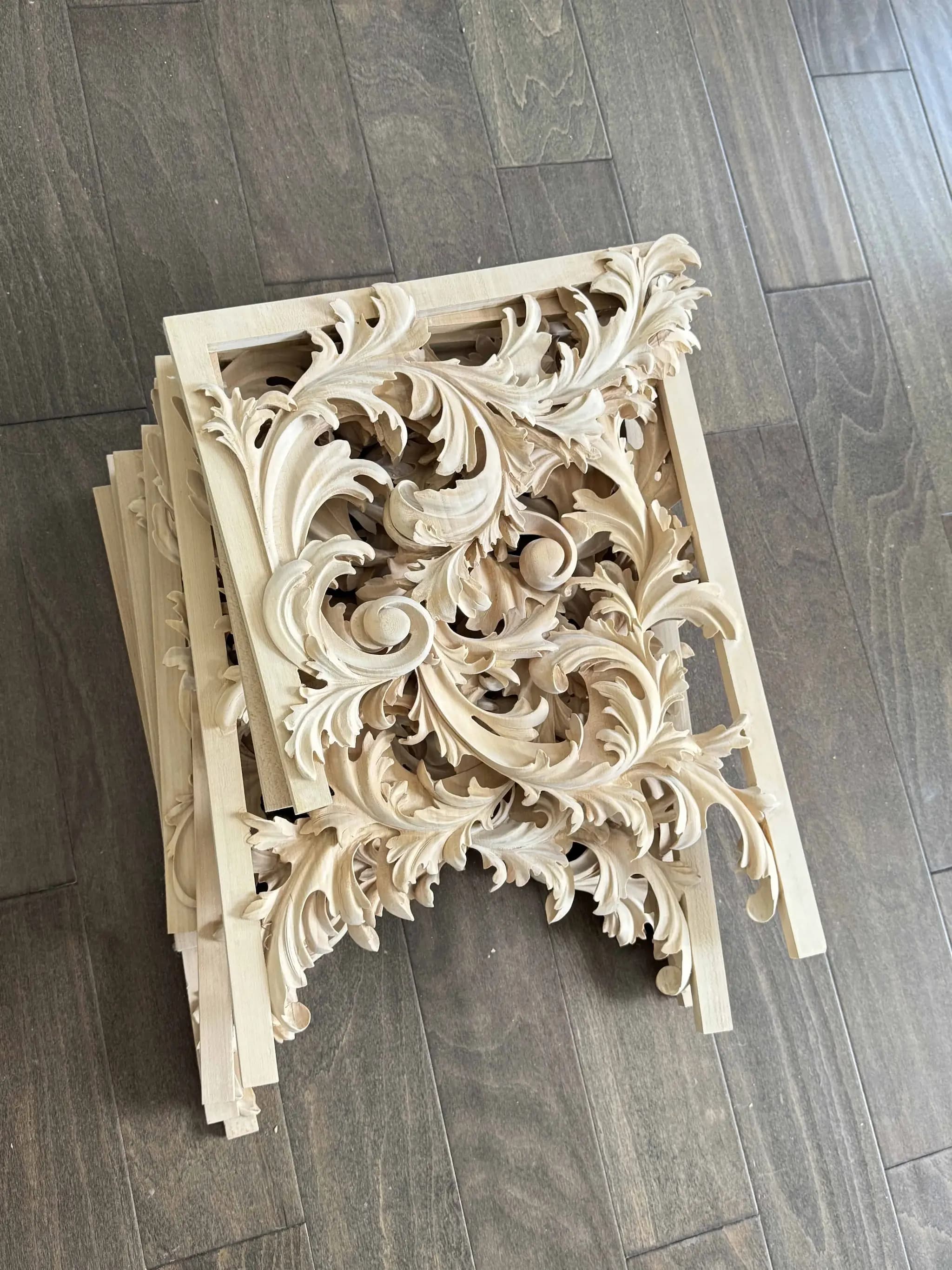 Limewood pipe organ shade with pierced acanthus scrollwork, custom wood carving by Alexander Grabovetskiy.