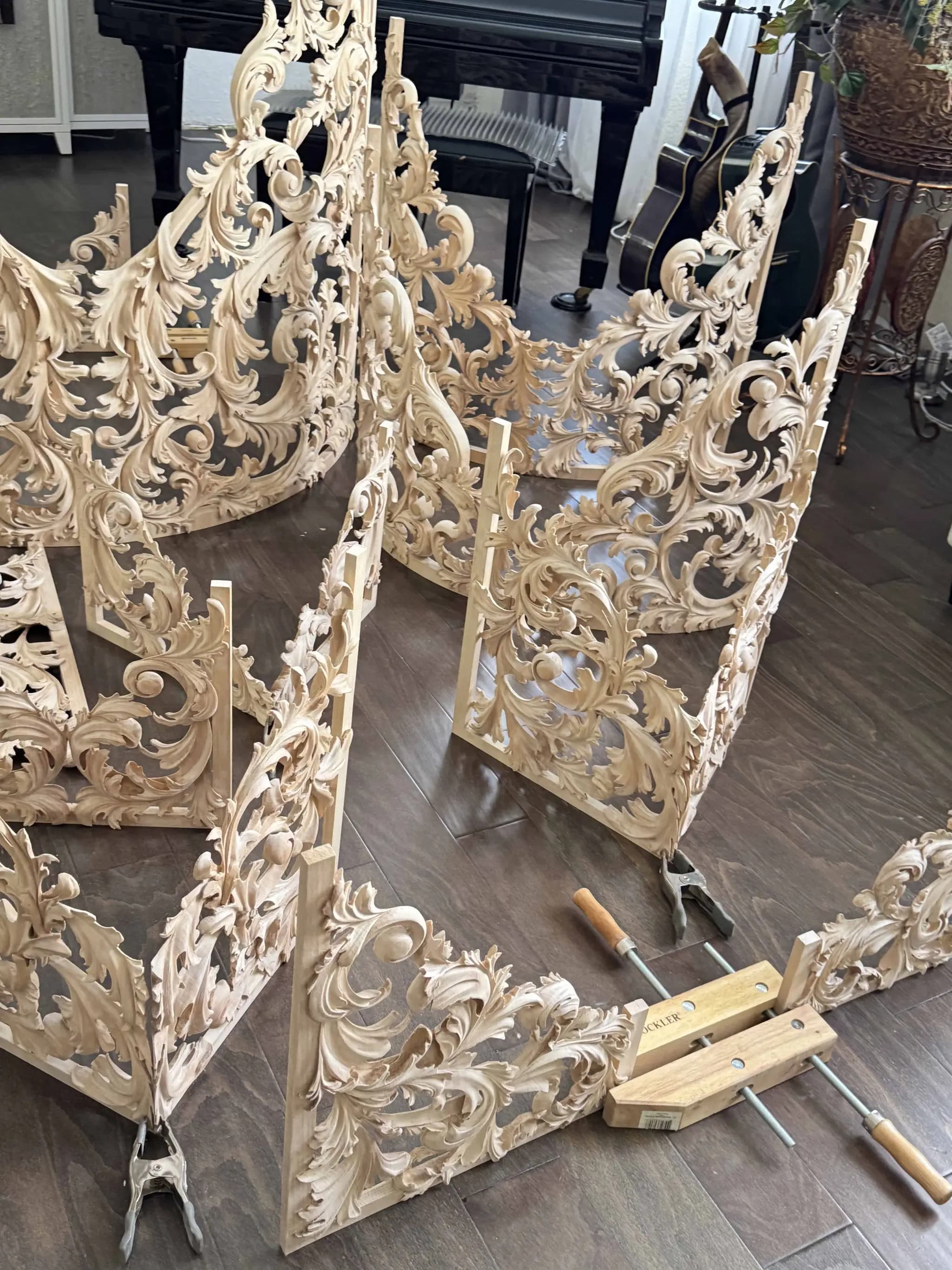 Pierced limewood pipe organ shades with acanthus scrollwork, custom wood carving by Alexander Grabovetskiy.