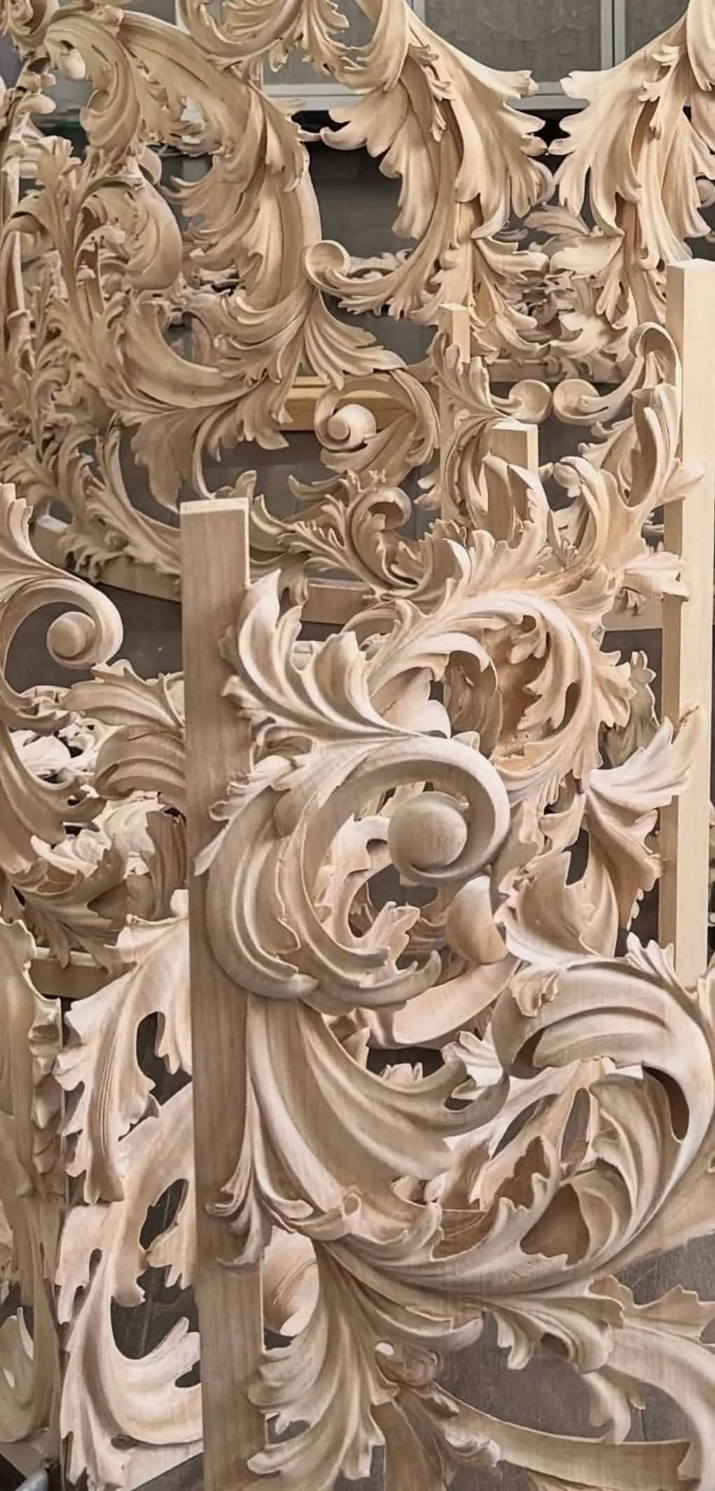 Deeply undercut acanthus scrollwork for pipe organ shades, a custom wood carving by Alexander Grabovetskiy.