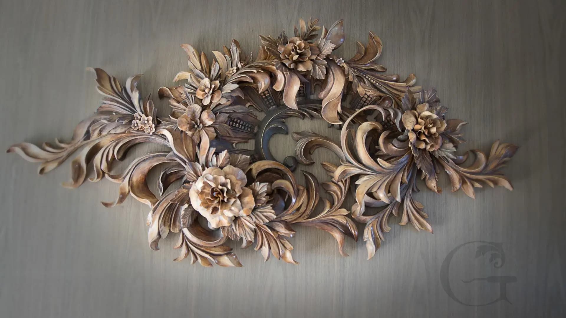 Deep-relief floral and acanthus wall carving in limewood, hand-carved by Alexander Grabovetskiy as custom wood carving.