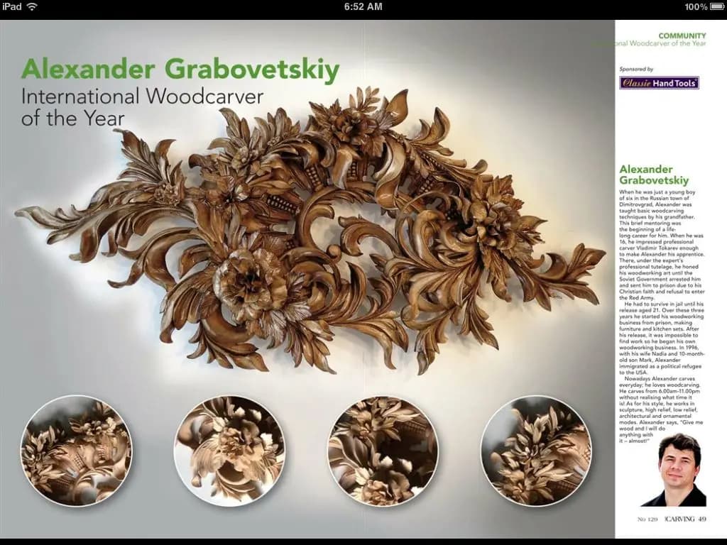 Deep relief floral and acanthus wall ornament, a custom wood carving by Alexander Grabovetskiy.