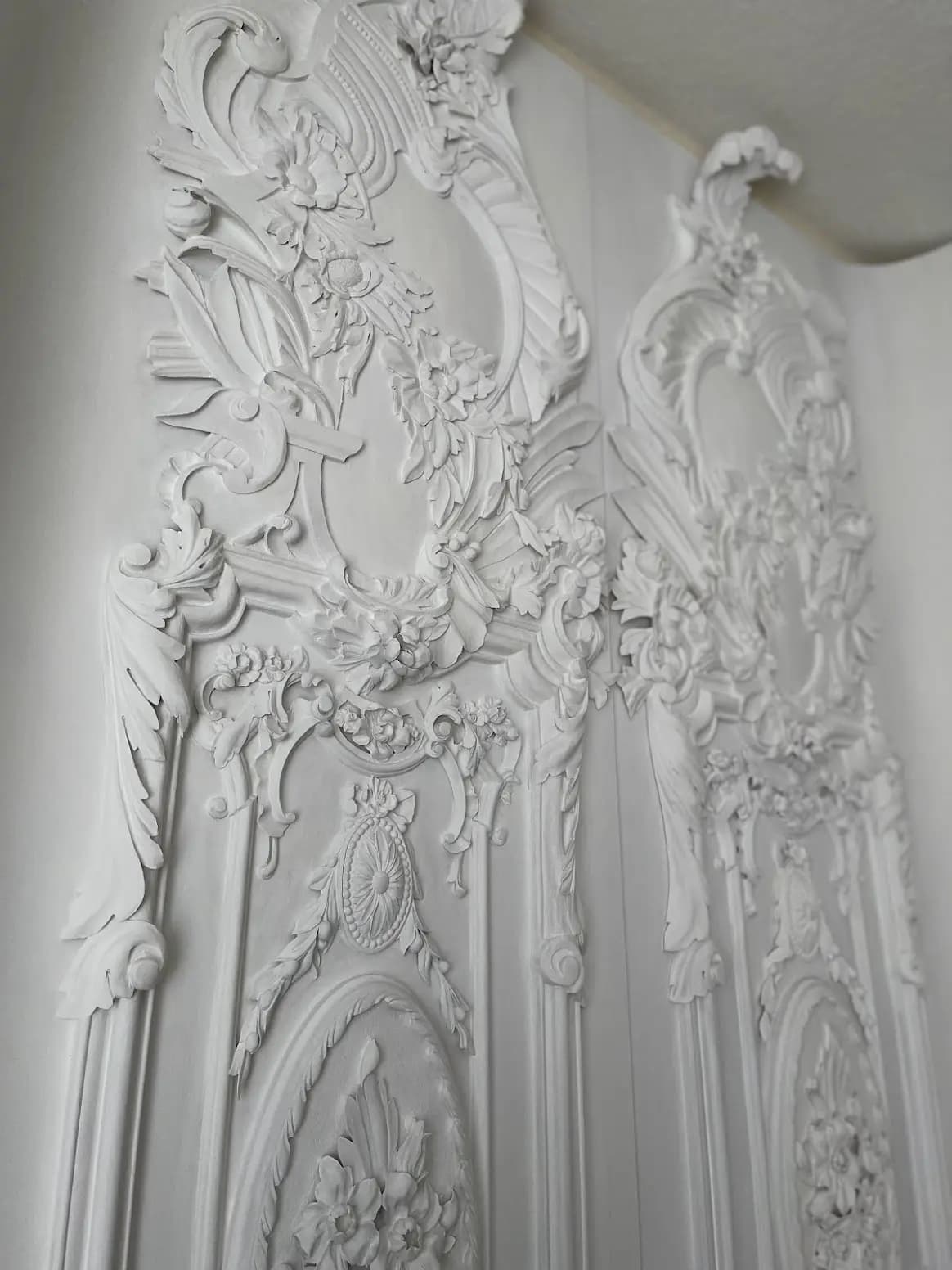 Rococo Carved Wall Panels with Floral Cartouches Ornate white Rococo wall panels with floral cartouches and scrolls, custom wood carving by Alexander Grabovetskiy.